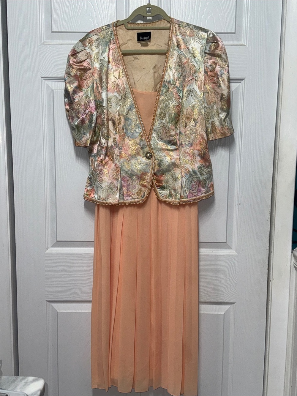 Vintage Floral 2 Piece Peach Midi Dress with Brocade Jacket